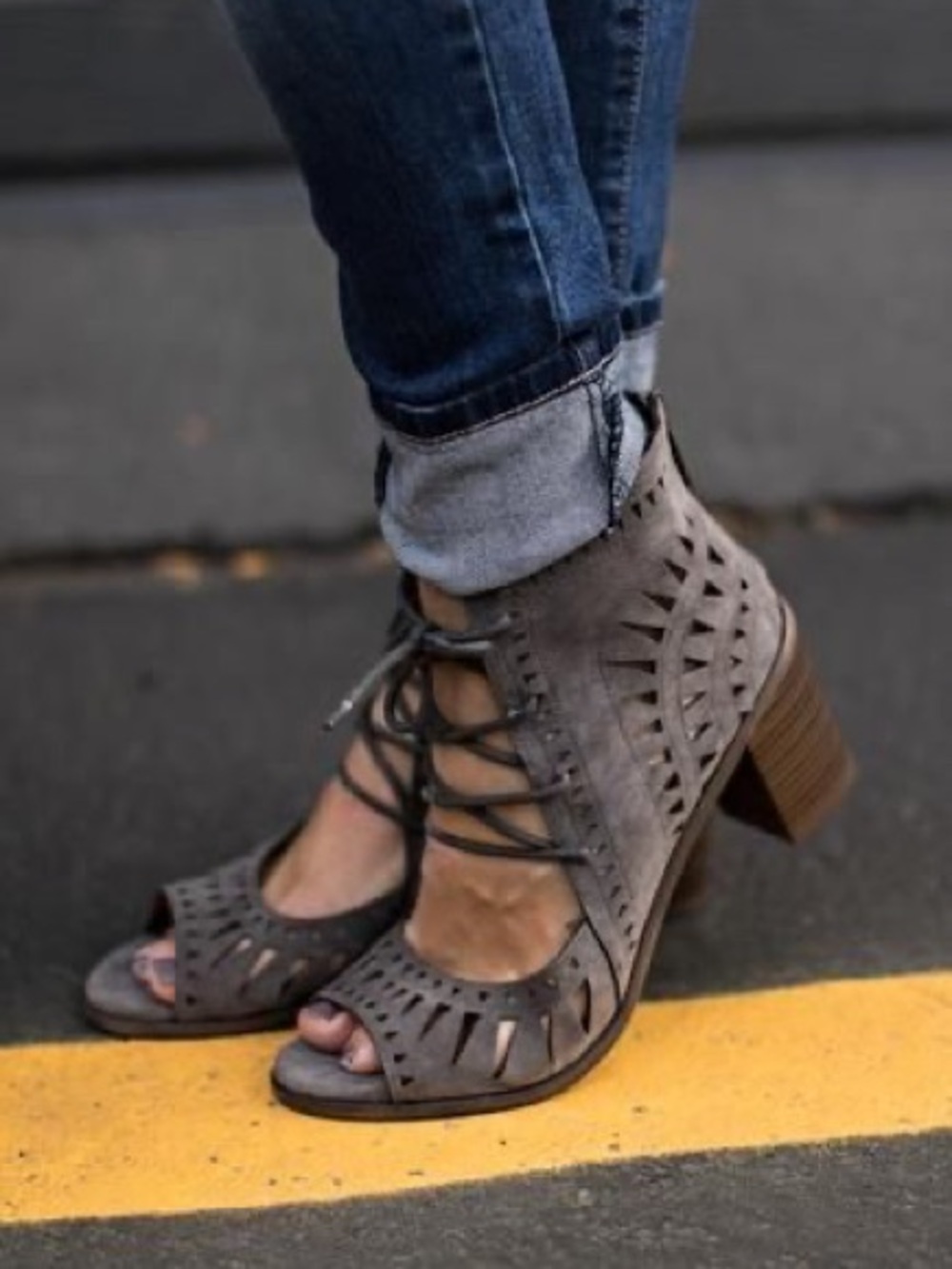 Vince Camuto Tarita Gray Suede Cutout Lace-Up Block Heel Sandals
